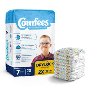 Comfees Premium Baby Diapers, Moderate-Absorbent, Tab Closure, Kid Design, Size 7